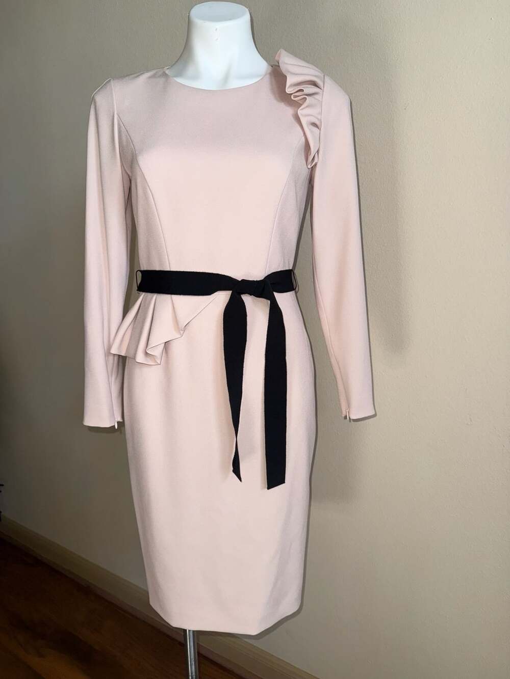 Abdo Aoude Pale Pink Long Sleeve Ruffle Accent Dress with Black Belt